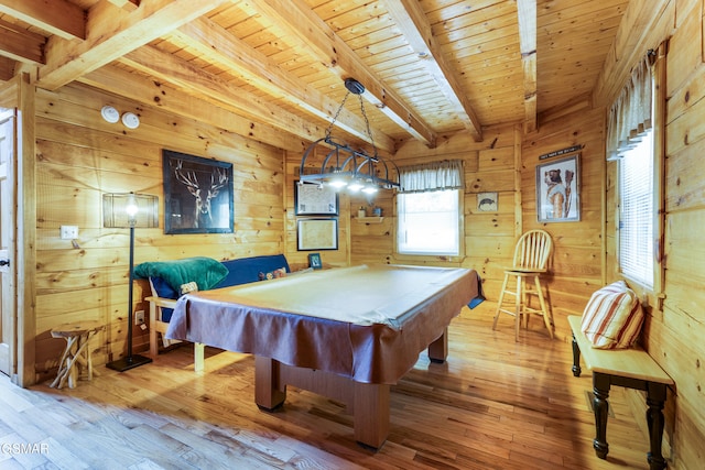822 Eagle Cove Way, Gatlinburg, TN 37738 - recreation room with wood walls, a wood ceiling with exposed beams, hardwood / wood-style flooring, and billiards table