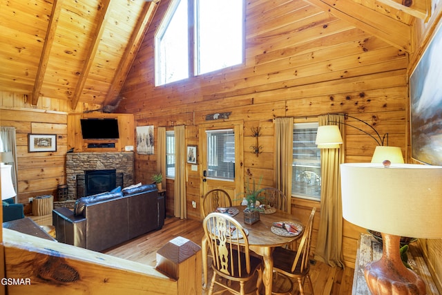 822 Eagle Cove Way, Gatlinburg, TN 37738 - dining space featuring wood walls, wood finished floors, high vaulted ceiling, a wood ceiling with exposed beams, and a stone fireplace