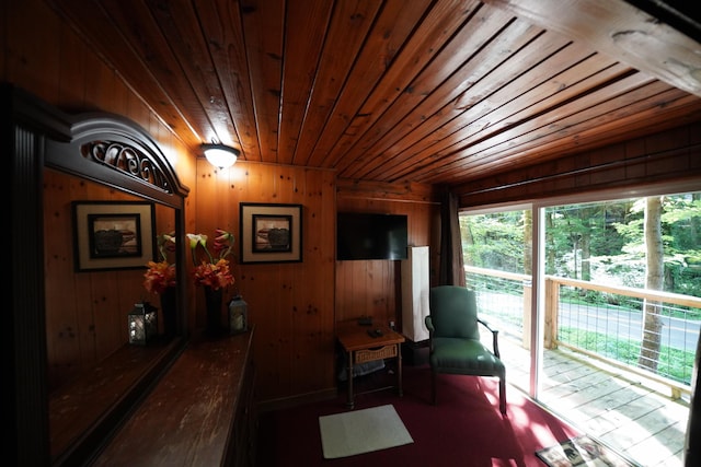 living area with wood walls and wood ceiling