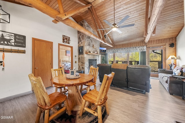 1023 Twin Oaks Rd, Gatlinburg, TN 37738 - dining area featuring light wood-style flooring, beam ceiling, ceiling fan, wood ceiling, and high vaulted ceiling