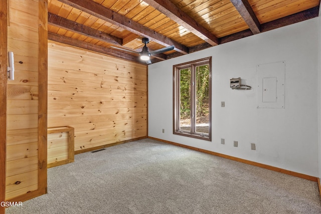 empty room with wood ceiling, visible vents, beam ceiling, and carpet flooring