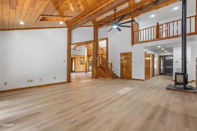 unfurnished living room with wooden ceiling, a ceiling fan, stairs, light wood-type flooring, and a wood stove