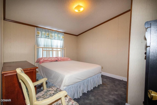 1369 Paradise Ln, Dandridge, TN 37725 - bedroom with ornamental molding, dark colored carpet, vaulted ceiling, and a textured ceiling