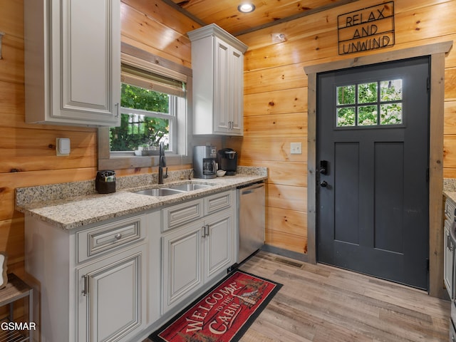 kitchen featuring light stone countertops, white cabinets, sink, dishwasher, and wood walls