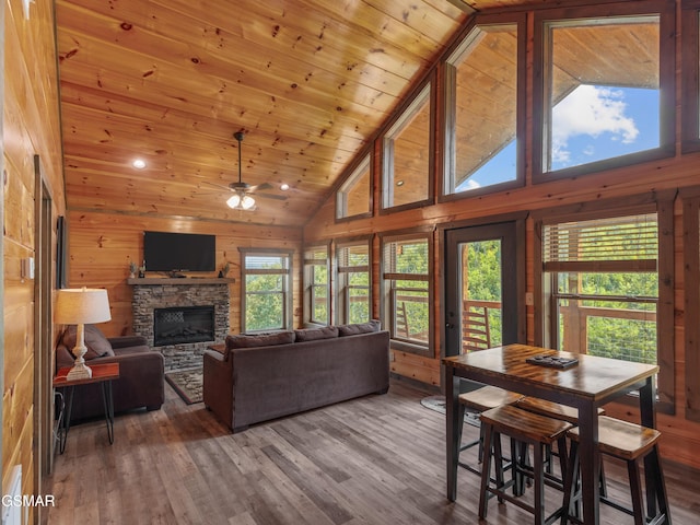 living room with ceiling fan, wooden ceiling, high vaulted ceiling, wood-type flooring, and wooden walls