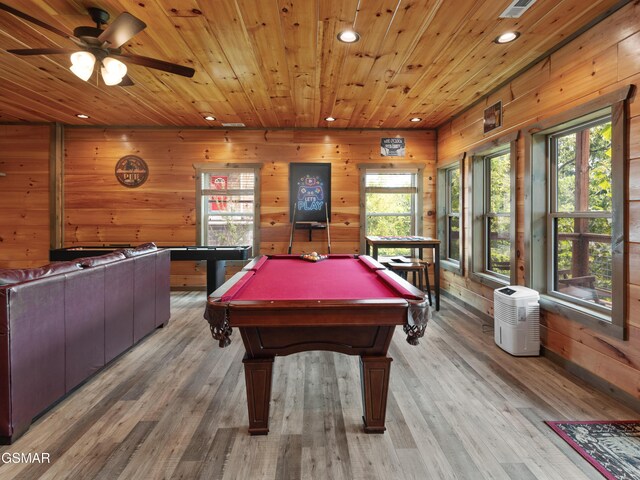 recreation room featuring ceiling fan, wooden ceiling, light hardwood / wood-style flooring, wooden walls, and pool table