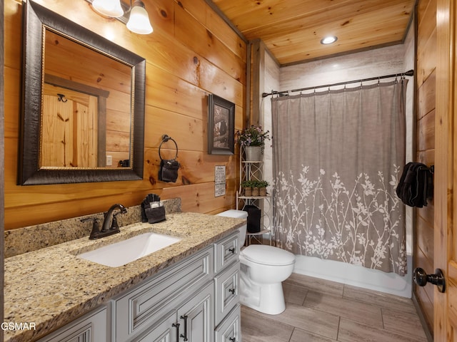 519 Edgewood Dr, Gatlinburg, TN 37738 - bathroom featuring wood ceiling, toilet, wooden walls, and vanity