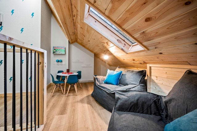 bonus room with vaulted ceiling with skylight, wooden ceiling, and wood finished floors