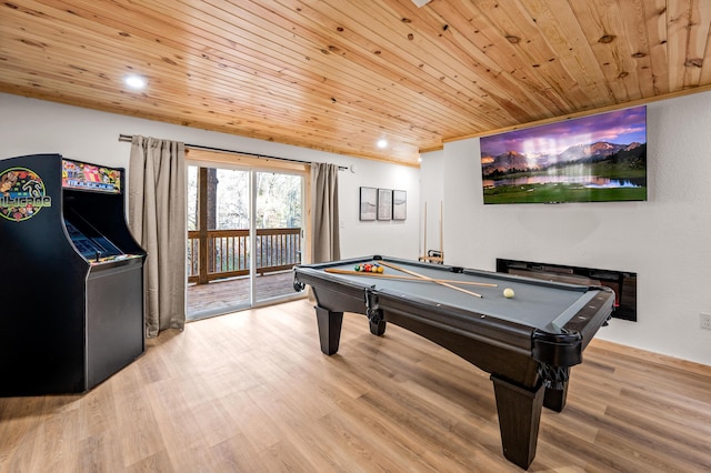 recreation room with recessed lighting, wood ceiling, pool table, and light wood-style flooring