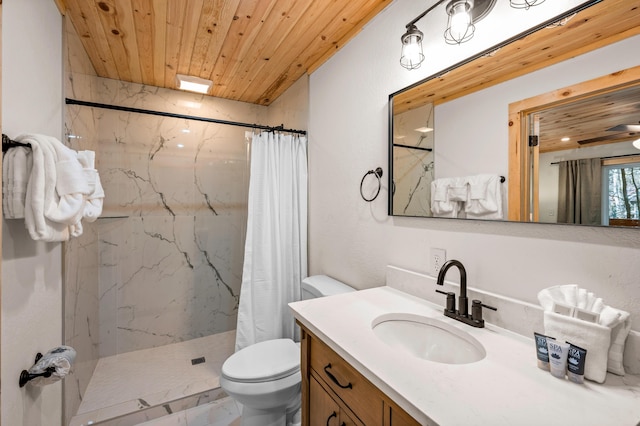 full bath with toilet, vanity, a marble finish shower, and wood ceiling