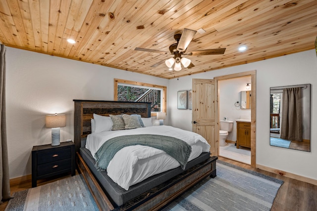 bedroom featuring wooden ceiling, ensuite bath, baseboards, and wood finished floors