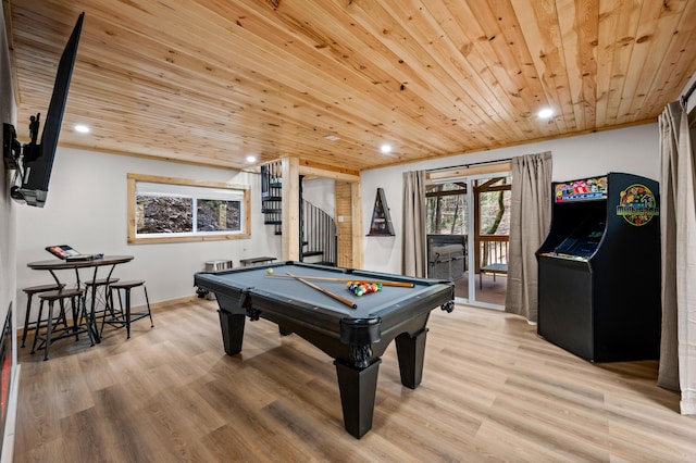 playroom featuring wooden ceiling, pool table, light wood-style flooring, and baseboards