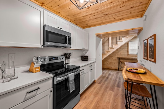 kitchen featuring stainless steel appliances, wood ceiling, and white cabinets