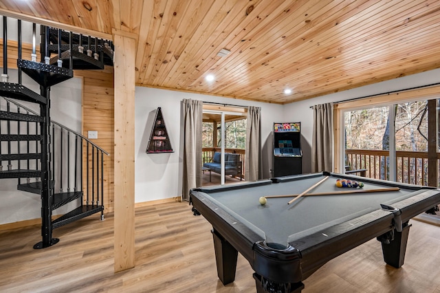 game room with recessed lighting, pool table, light wood-style flooring, wood ceiling, and baseboards