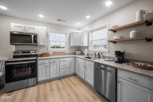 kitchen with sink, appliances with stainless steel finishes, white cabinets, and a wealth of natural light