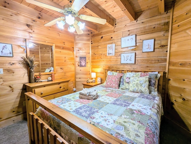 carpeted bedroom with beamed ceiling, wood ceiling, and wooden walls