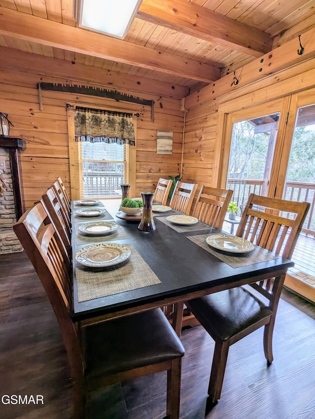 dining area featuring wood ceiling, beamed ceiling, wood walls, and wood finished floors