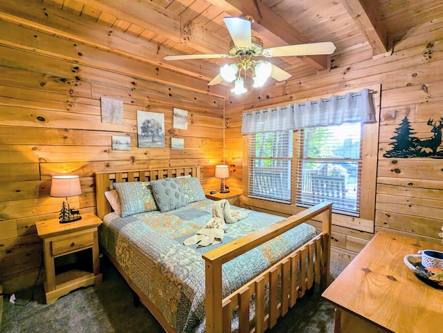 bedroom with a ceiling fan, wooden ceiling, beamed ceiling, and wooden walls