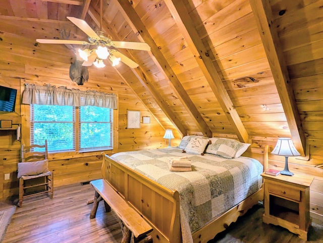 bedroom featuring hardwood / wood-style floors, vaulted ceiling with beams, wood ceiling, and wooden walls