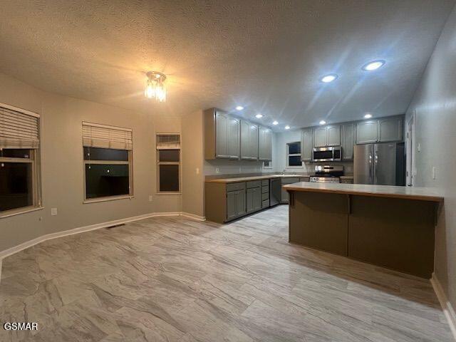 734 Southview Cir, Kodak, TN 37764 - kitchen with appliances with stainless steel finishes, gray cabinetry, a peninsula, baseboards, and light countertops