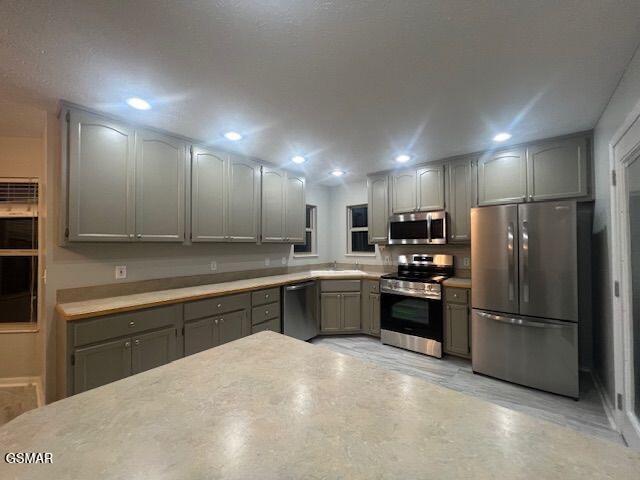 734 Southview Cir, Kodak, TN 37764 - kitchen featuring appliances with stainless steel finishes, gray cabinetry, recessed lighting, and light countertops