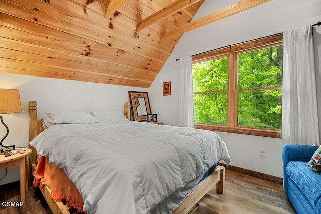 bedroom featuring wooden ceiling, wood finished floors, and baseboards