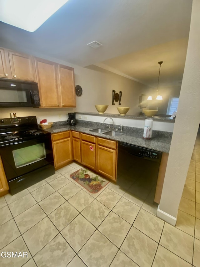 124 Plaza Dr Unit 3107, Pigeon Forge, TN 37863 - kitchen featuring black appliances, light tile patterned floors, a sink, dark countertops, and hanging light fixtures