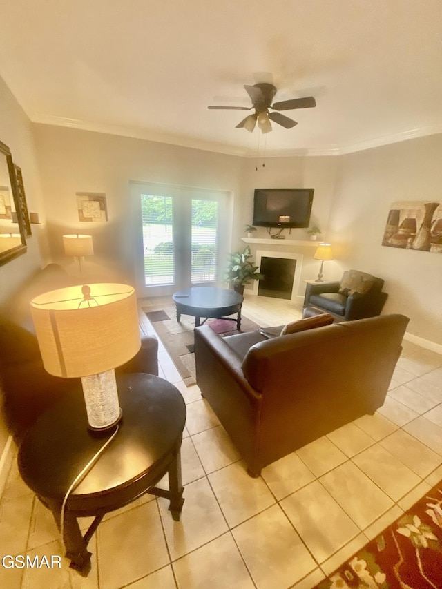 124 Plaza Dr Unit 3107, Pigeon Forge, TN 37863 - living area with ornamental molding, a ceiling fan, light tile patterned flooring, and a fireplace