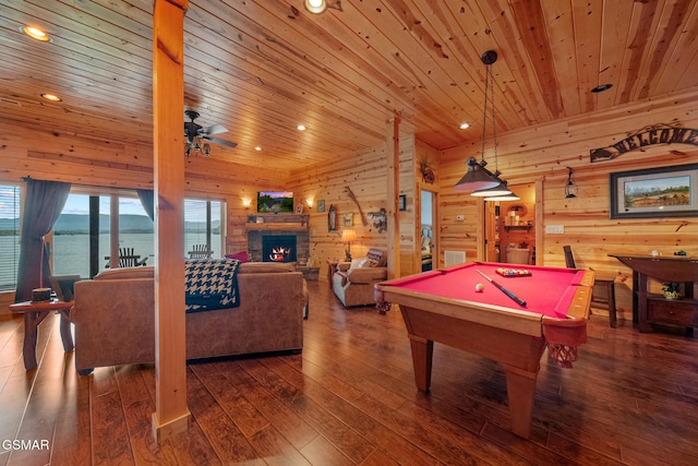 3995 Island View Way, Sevierville, TN 37876 - rec room featuring wooden ceiling, hardwood / wood-style flooring, wood walls, recessed lighting, and a fireplace