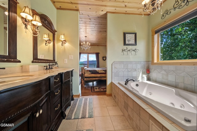 3995 Island View Way, Sevierville, TN 37876 - bathroom featuring a chandelier, double vanity, a jetted tub, wooden ceiling, and tile patterned floors
