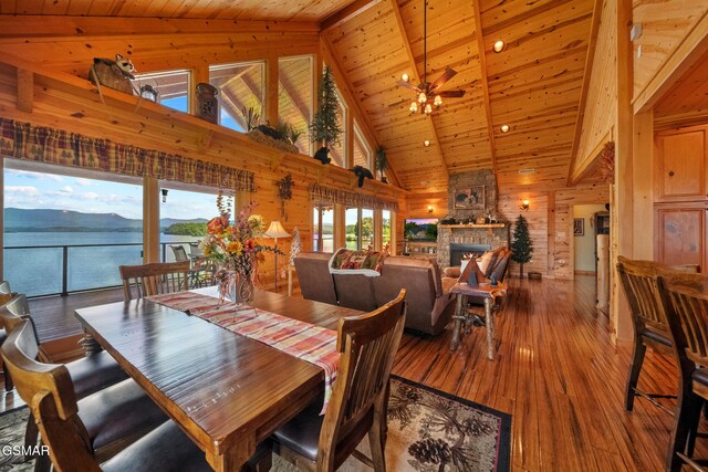 3995 Island View Way, Sevierville, TN 37876 - dining area with wood walls, a wood ceiling with exposed beams, high vaulted ceiling, hardwood / wood-style floors, and a stone fireplace