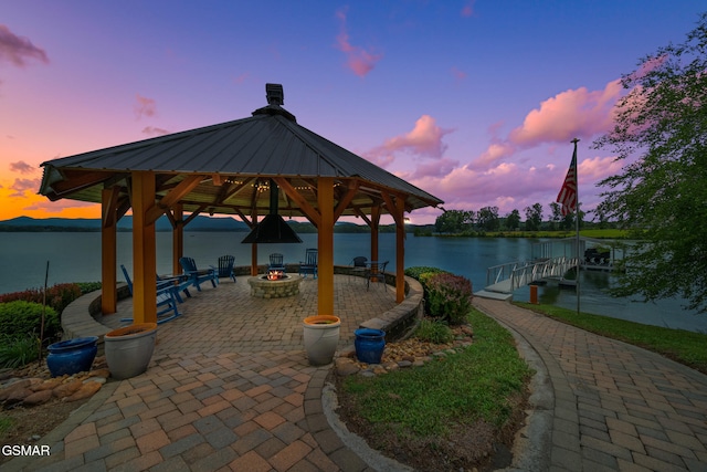 3995 Island View Way, Sevierville, TN 37876 - view of patio / terrace featuring a gazebo, an outdoor fire pit, a water view, and a dock