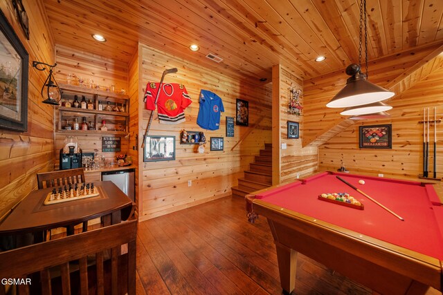 3995 Island View Way, Sevierville, TN 37876 - playroom featuring wooden walls, wooden ceiling, hardwood / wood-style flooring, pool table, and a bar