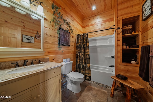 3995 Island View Way, Sevierville, TN 37876 - bathroom with wooden walls, tile patterned floors, vanity, wooden ceiling, and shower / bath combination with curtain