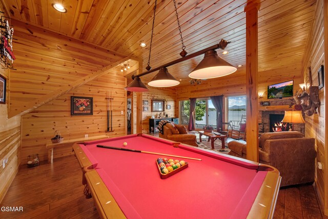 3995 Island View Way, Sevierville, TN 37876 - playroom with wood walls, pool table, hardwood / wood-style flooring, recessed lighting, and wooden ceiling