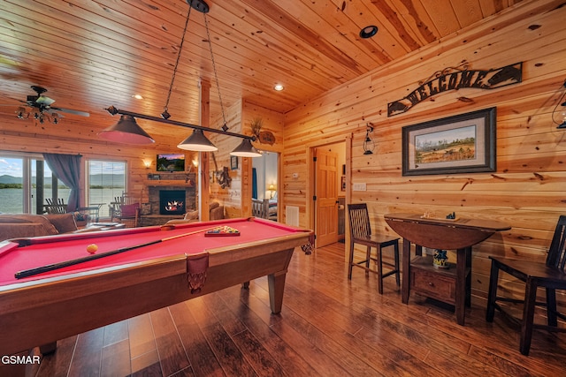 3995 Island View Way, Sevierville, TN 37876 - recreation room featuring wood ceiling, wood walls, billiards table, hardwood / wood-style floors, and a stone fireplace