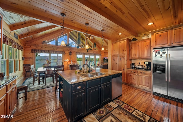 3995 Island View Way, Sevierville, TN 37876 - kitchen featuring appliances with stainless steel finishes, wooden ceiling, hardwood / wood-style flooring, dark cabinetry, and a center island with sink