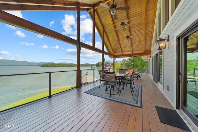 3995 Island View Way, Sevierville, TN 37876 - deck featuring a water view, outdoor dining area, and ceiling fan