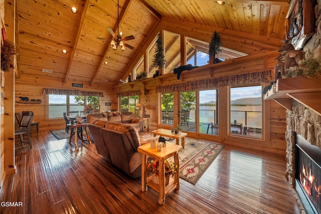 3995 Island View Way, Sevierville, TN 37876 - living room featuring a wooden ceiling with exposed beams, high vaulted ceiling, wooden walls, a stone fireplace, and wood-type flooring