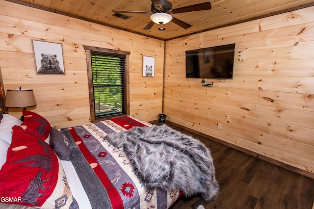 bedroom with wood ceiling, wood finished floors, and wooden walls