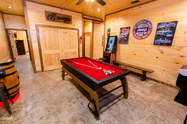 game room with wooden walls, wooden ceiling, ceiling fan, and pool table