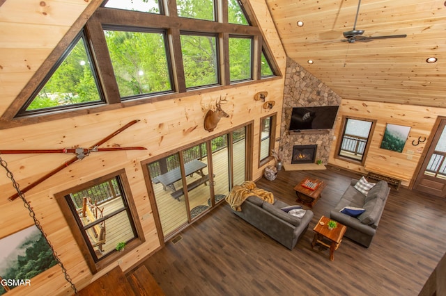 living area featuring wood ceiling, ceiling fan, wood finished floors, high vaulted ceiling, and wooden walls