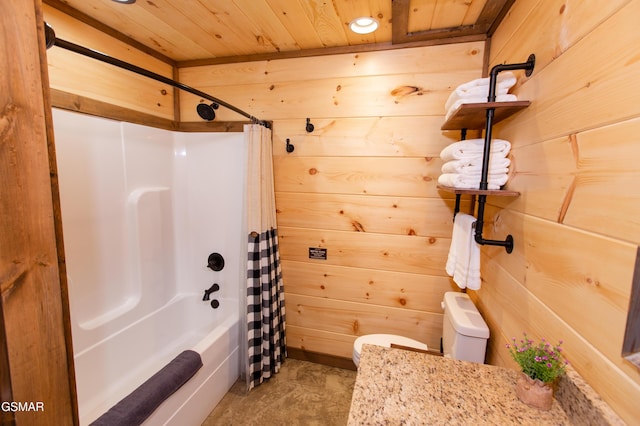 bathroom featuring wooden walls, concrete flooring, toilet, shower / bathtub combination with curtain, and wood ceiling