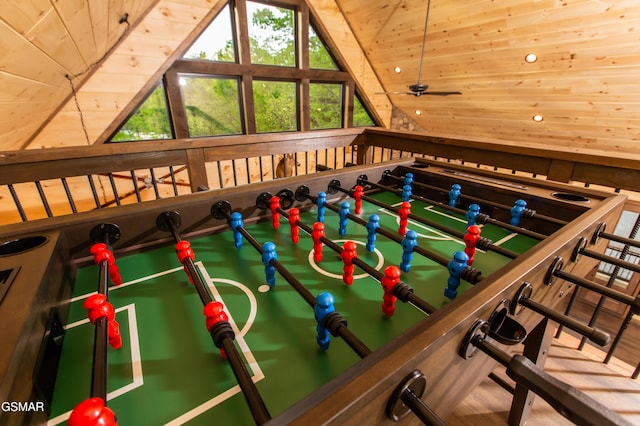 game room featuring wood ceiling, ceiling fan, vaulted ceiling, and wood walls