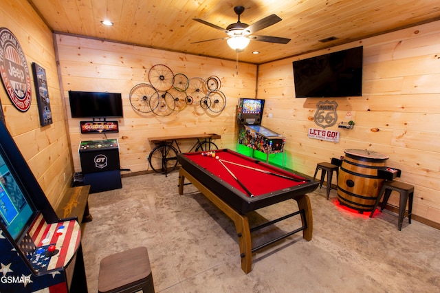 playroom with ceiling fan, wooden walls, recessed lighting, pool table, and wooden ceiling
