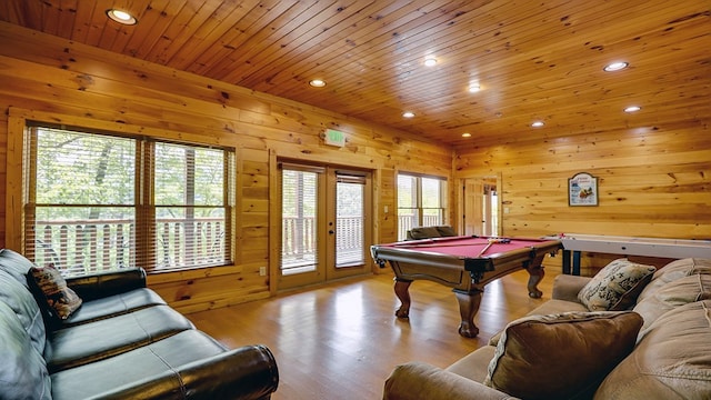 playroom featuring plenty of natural light, wood ceiling, pool table, and light hardwood / wood-style flooring