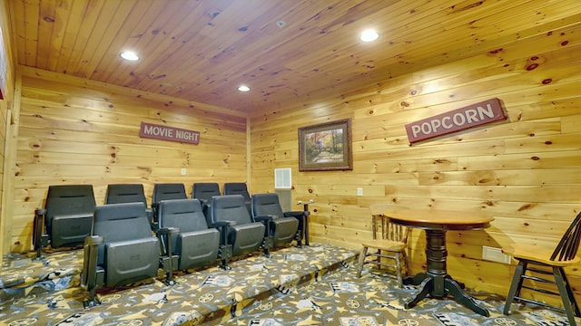 cinema room featuring wood walls