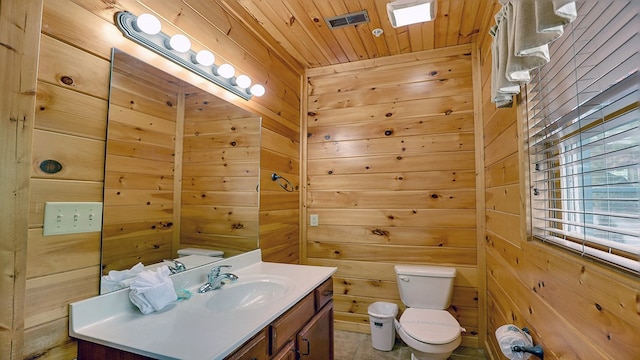 bathroom with tile patterned floors, wood walls, toilet, vanity, and wood ceiling