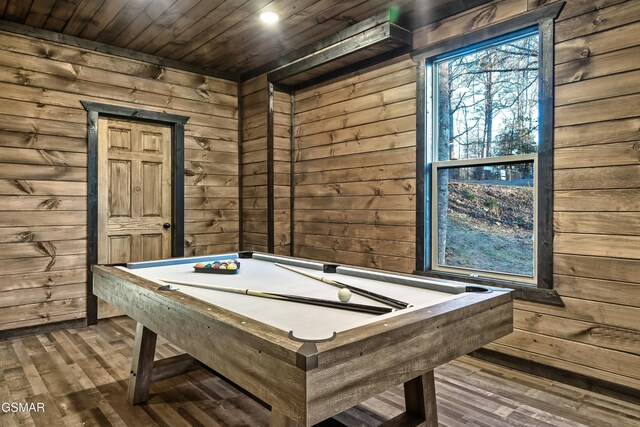 recreation room featuring wooden ceiling, billiards, wooden walls, and wood finished floors