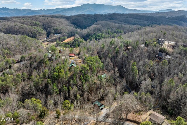 aerial view with a mountain view and a view of trees